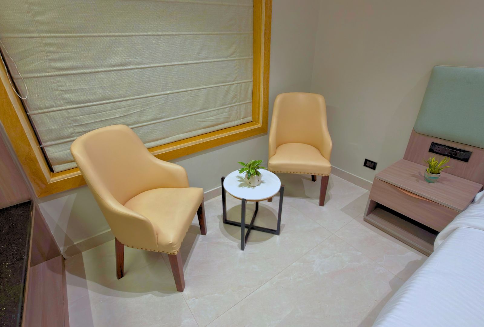 A hotel room with two chairs, a small table with a plant, a bedside table with a lamp, and a bed.