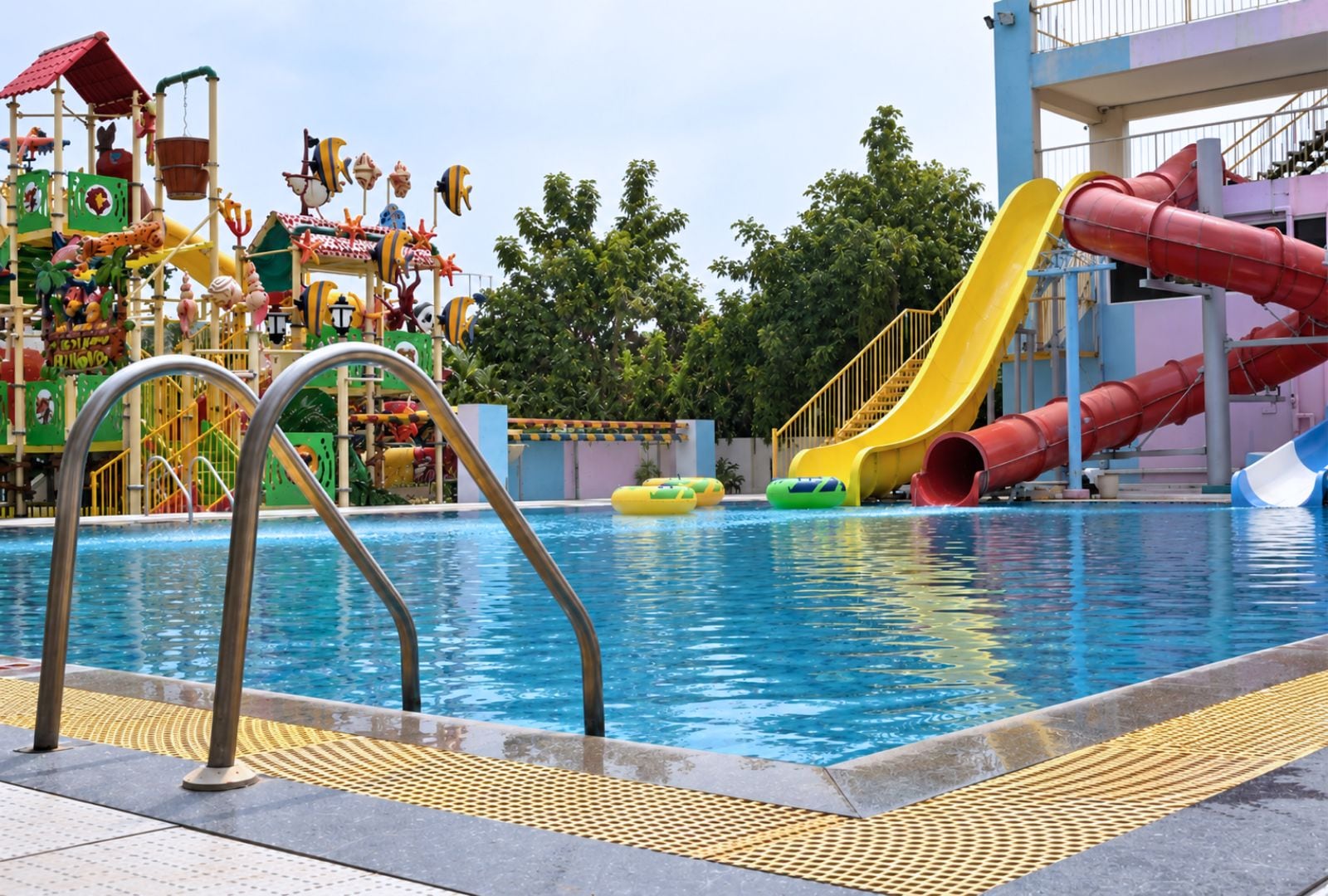 A swimming pool with a water slide and a play area with colorful structures.
