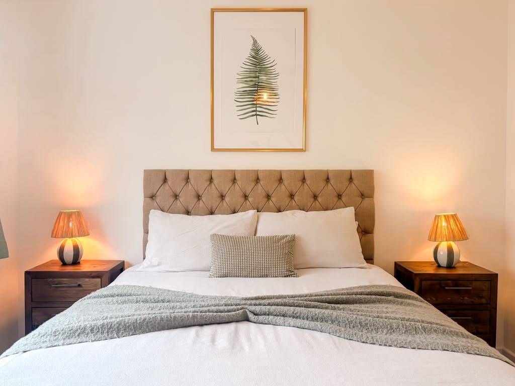 A neatly made bed with a tufted headboard, two bedside lamps, and a framed leaf artwork above.