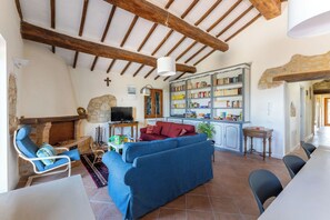 Ein Wohnzimmer mit einem blauen Sofa, einem Fernseher und einer Bücherwand voller Bücher.