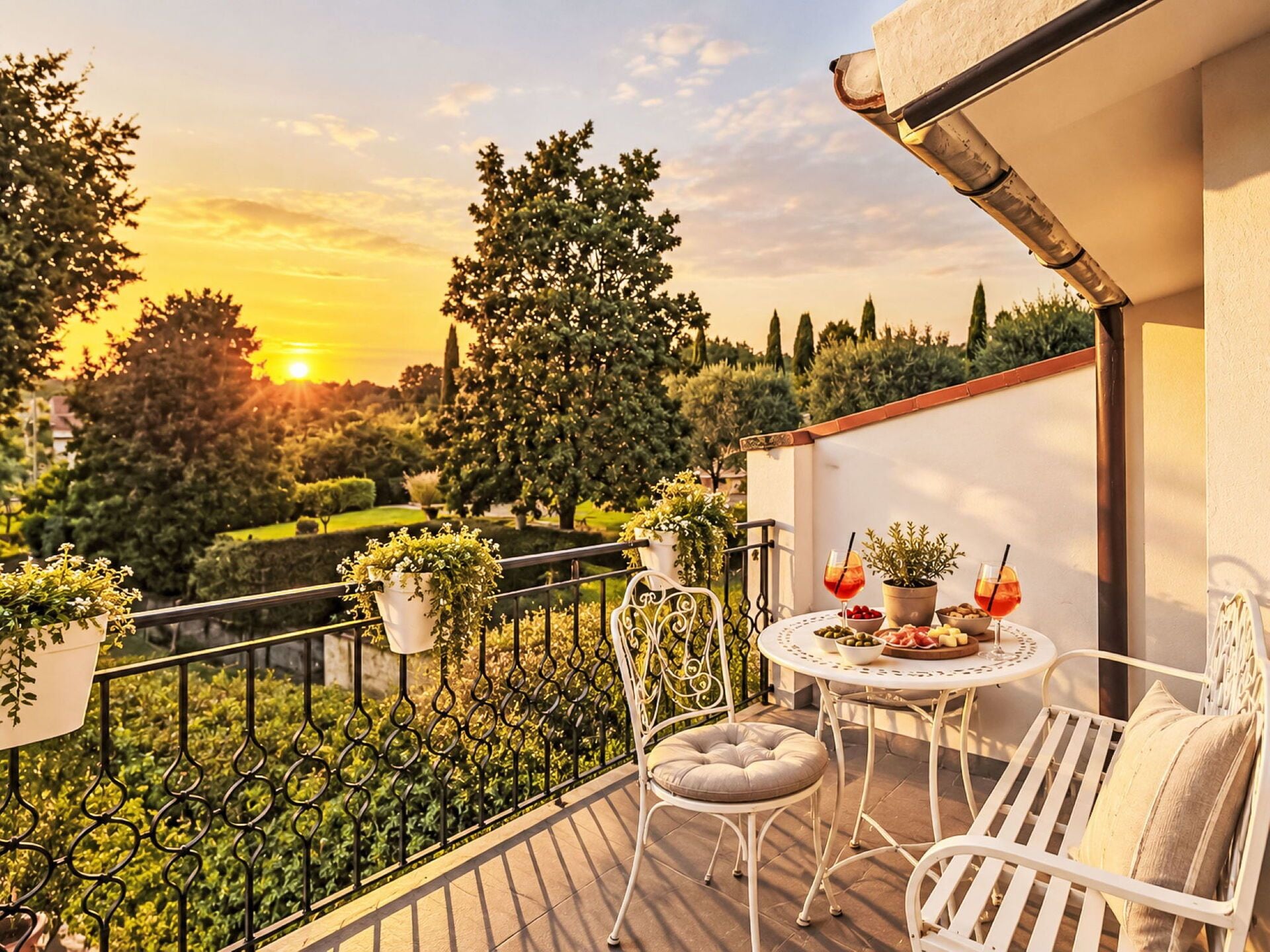 Un balcon avec une table dressée pour deux personnes, entouré de plantes en pot et offrant une vue sur un coucher de soleil se reflétant sur un jardin aménagé.