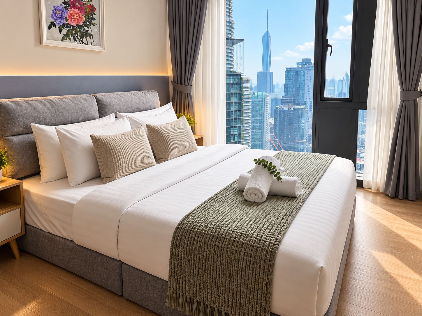 A modern hotel room with a large bed, a view of the city skyline, and a cityscape visible through the window.