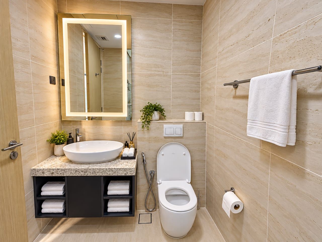 Un baño moderno con un lavamanos grande, inodoro y perchero para toallas.