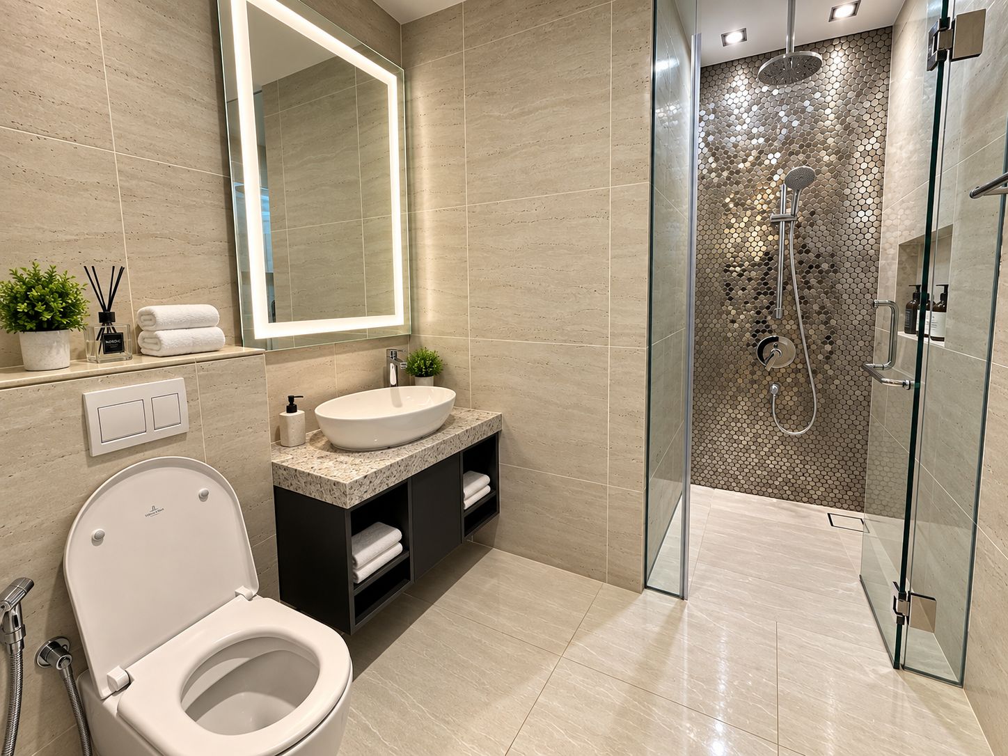 A modern bathroom with a toilet, sink, and shower.