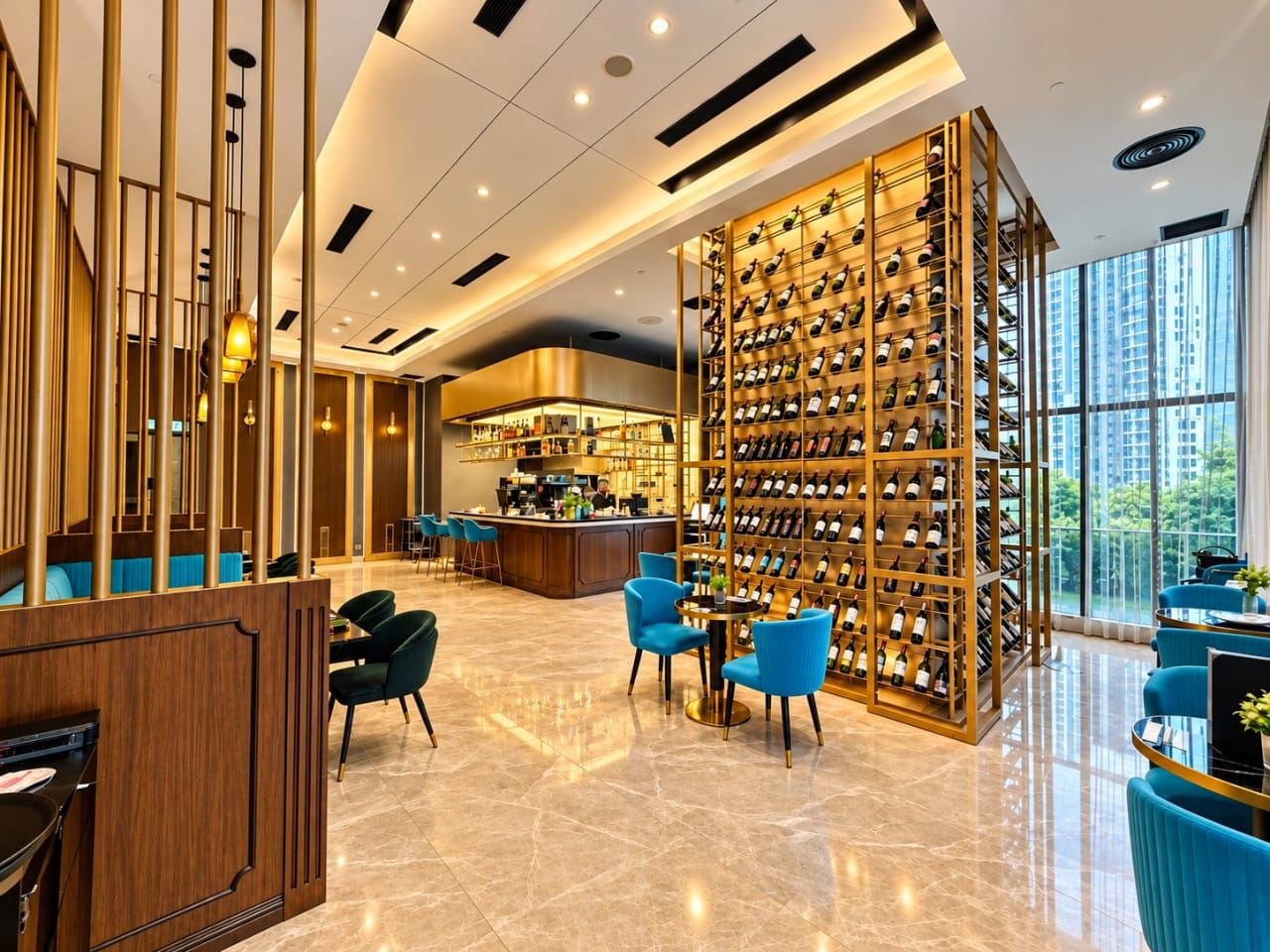 A modern hotel lobby with a wine rack, seating area, and a bar.