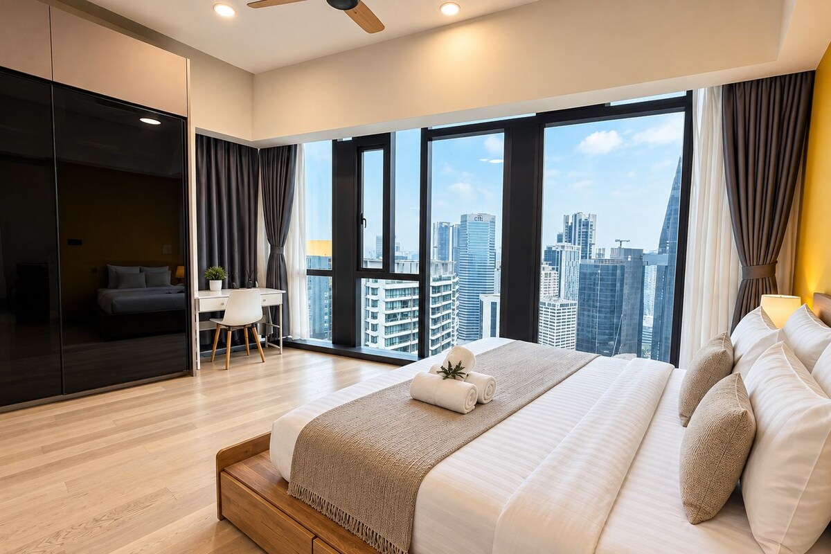 A modern hotel room with a large bed, a desk, and a view of the cityscape.