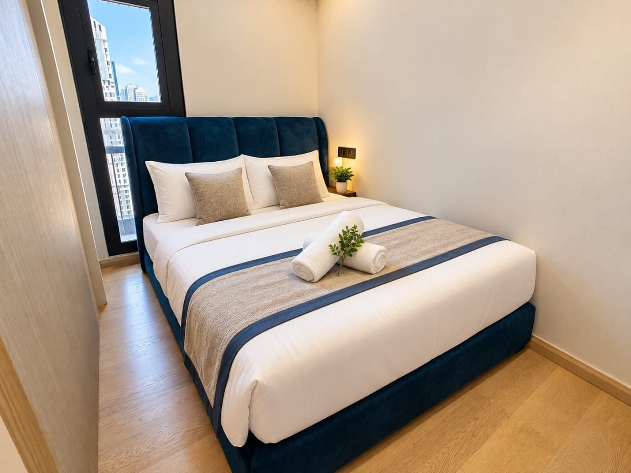 Una cama bien hecha con cabecera azul, ropa de cama blanca y una pequeña planta sobre la cama.