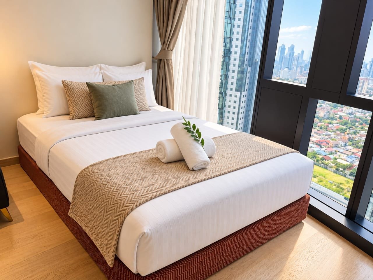 Habitación de hotel con una cama grande, vistas a la ciudad y una ventana con cortinas.