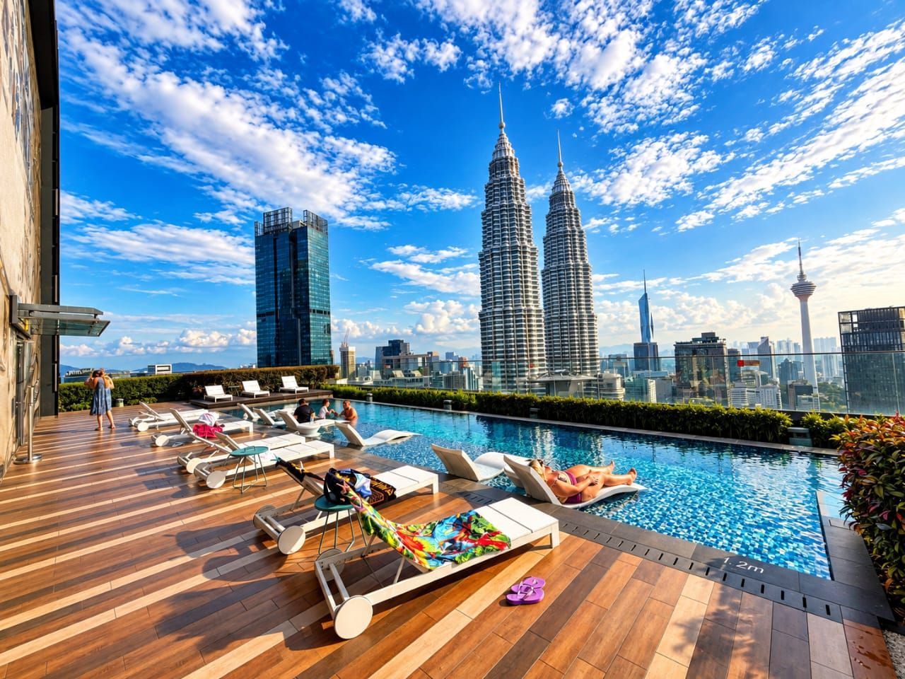 A rooftop pool area with lounge chairs and a view of the Petronas Towers.