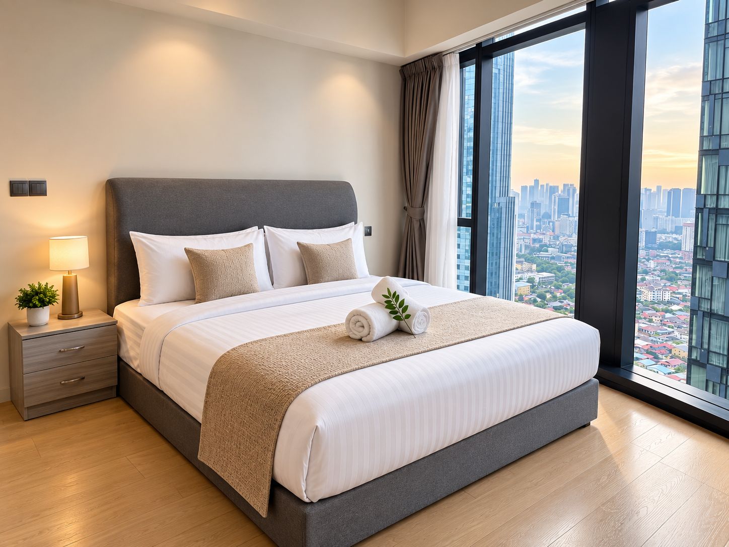 A modern hotel room with a large bed, a nightstand with a lamp, and a city view through large windows.