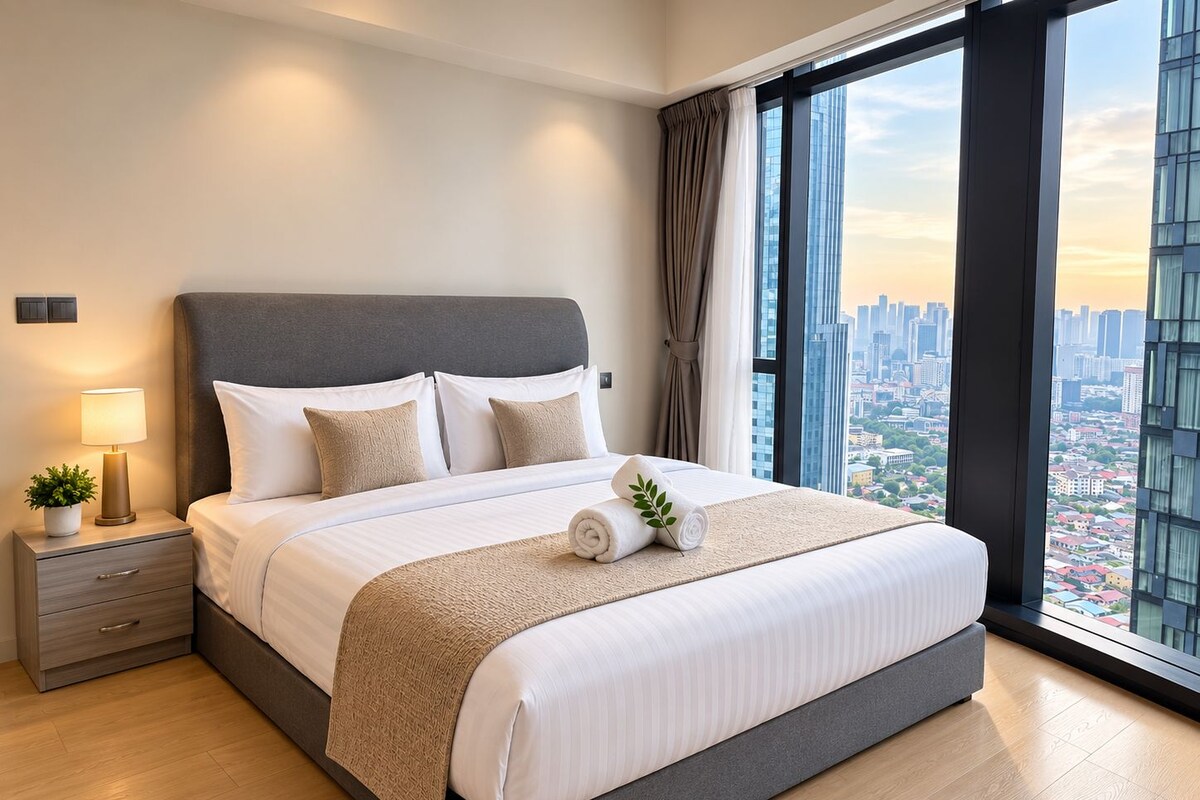 A modern hotel room with a large bed, a nightstand with a lamp, and a city view through large windows.