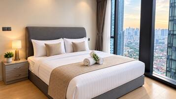 A modern hotel room with a large bed, a nightstand with a lamp, and a city view through large windows.