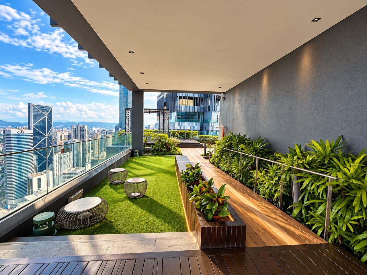 A rooftop terrace with a view of the city skyline, green lawn, and seating area.