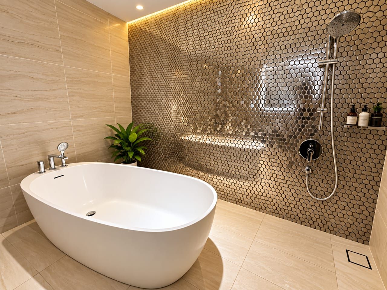 A modern bathroom with a freestanding bathtub, a shower, and a tiled wall with a honeycomb pattern.