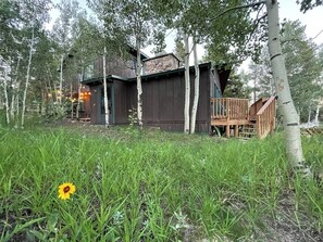 A rustic cabin with a stone chimney, surrounded by tall trees and a grassy area with a single flower. - Sundance Festival Cabin – 30 Min to Boulder! Peaceful meadow• 4 BR• Ski Eldora  (Golden)
