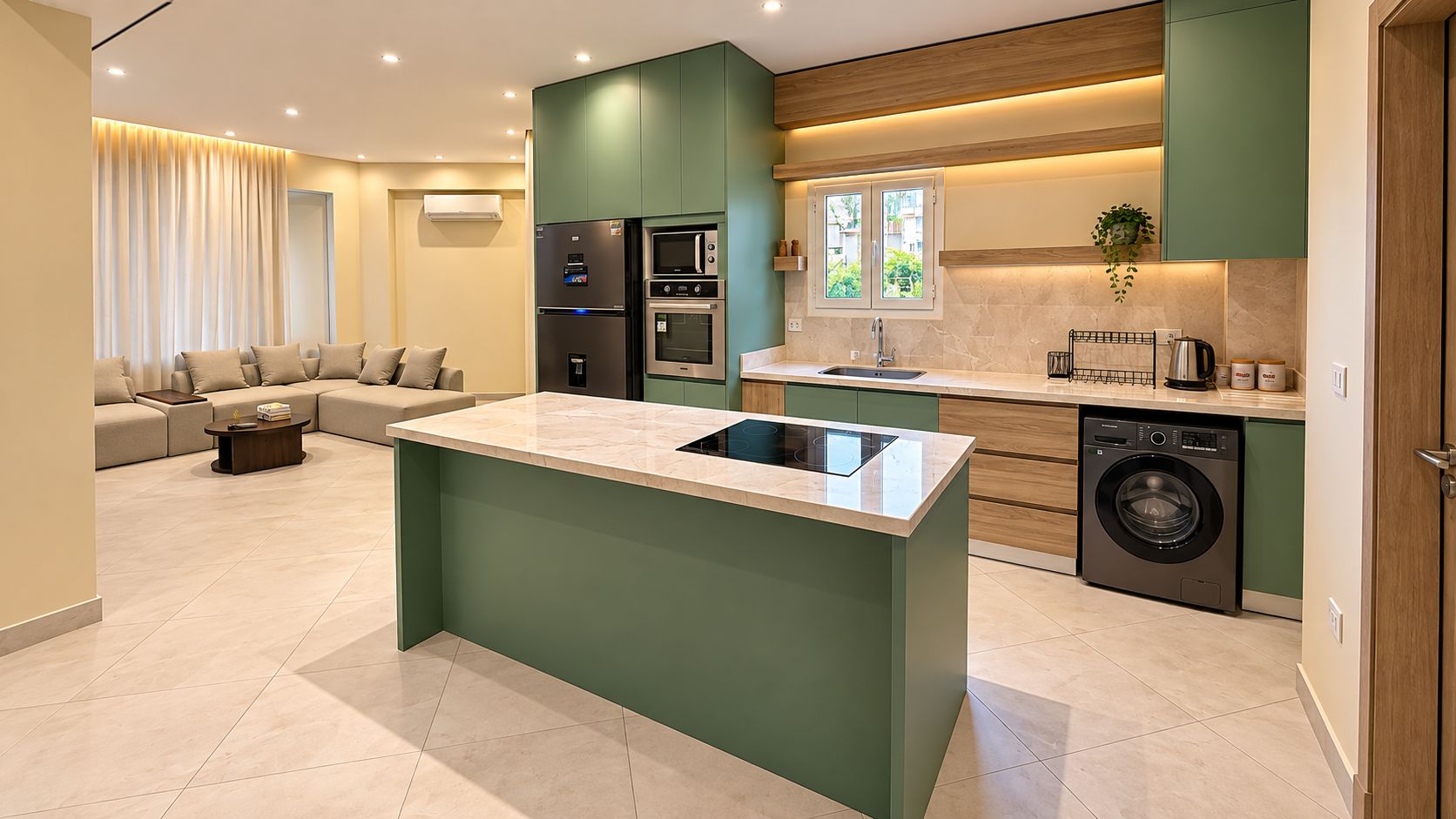 A modern kitchen with a central island, built-in appliances, and a dining area with a sofa.