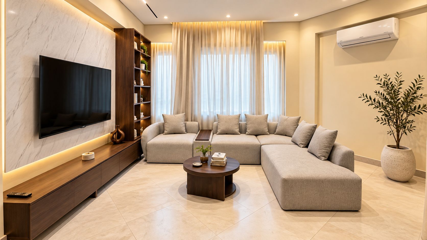 A modern living room with a flat-screen TV, a sectional sofa, a coffee table, and a bookshelf.