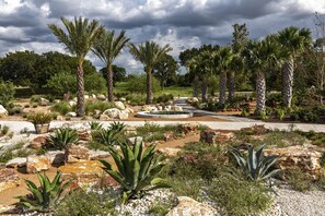 A landscaped garden with palm trees, rocks, and a circular water feature. - Downtown Stay + Free Breakfast & Parking (Houston)