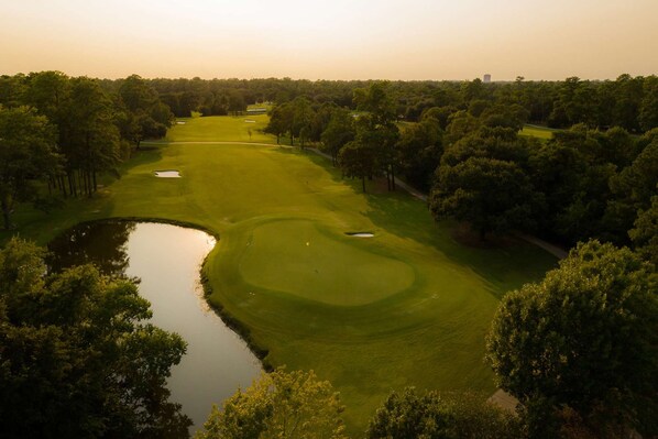 A golf course with a pond, surrounded by dense trees. - Smoking 2 Queens Downtown + Free Breakfast (Houston)