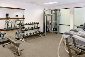 Une salle de sport équipée de tapis de course, d’appareils de musculation et d’un porte-haltères.