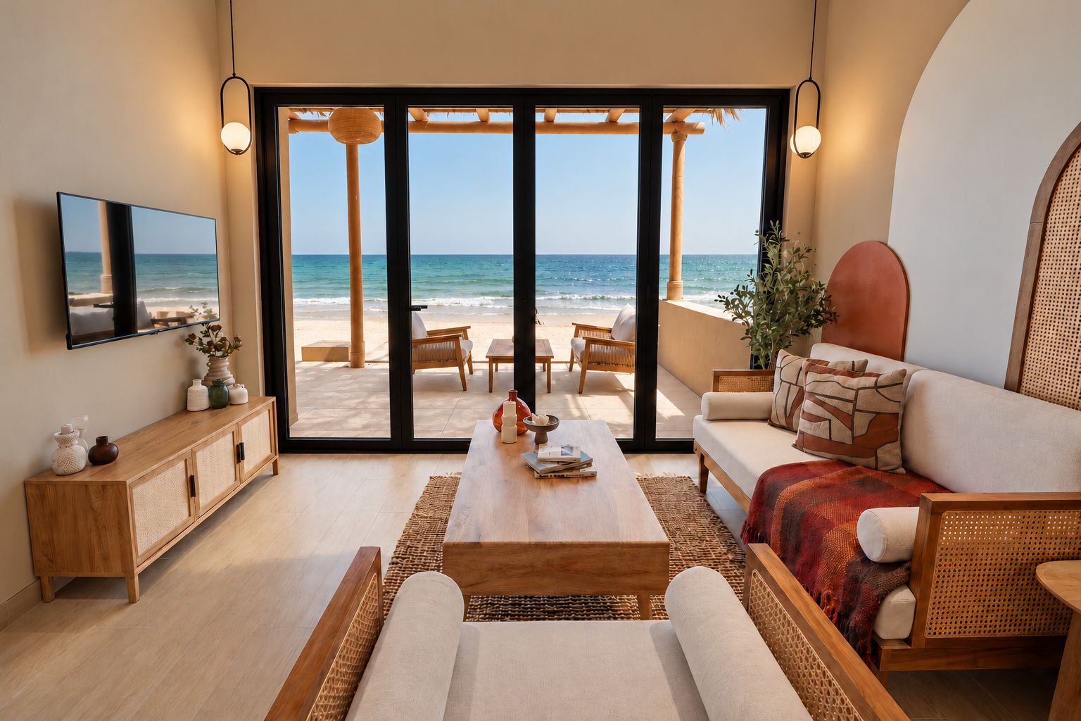 Un salon moderne doté d’une grande porte-fenêtre coulissante donnant sur la plage, et aménagé avec un canapé, une table basse et un téléviseur.