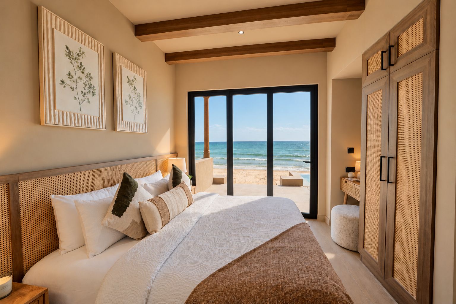 Une chambre avec un grand lit, une vue sur la plage et une porte coulissante donnant sur le balcon.