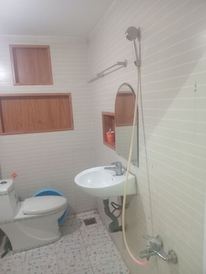 Un baño con inodoro, lavabo, ducha y espejo.