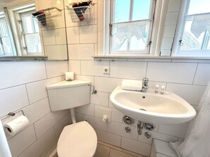 A bathroom with a toilet, sink, and a window with a view. - "reetstubchen" - House Shell (Nieblum)