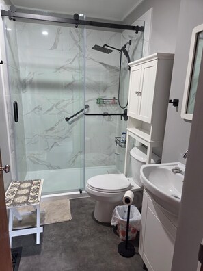A modern bathroom with a glass-enclosed shower, a toilet, a sink, and a small step stool.