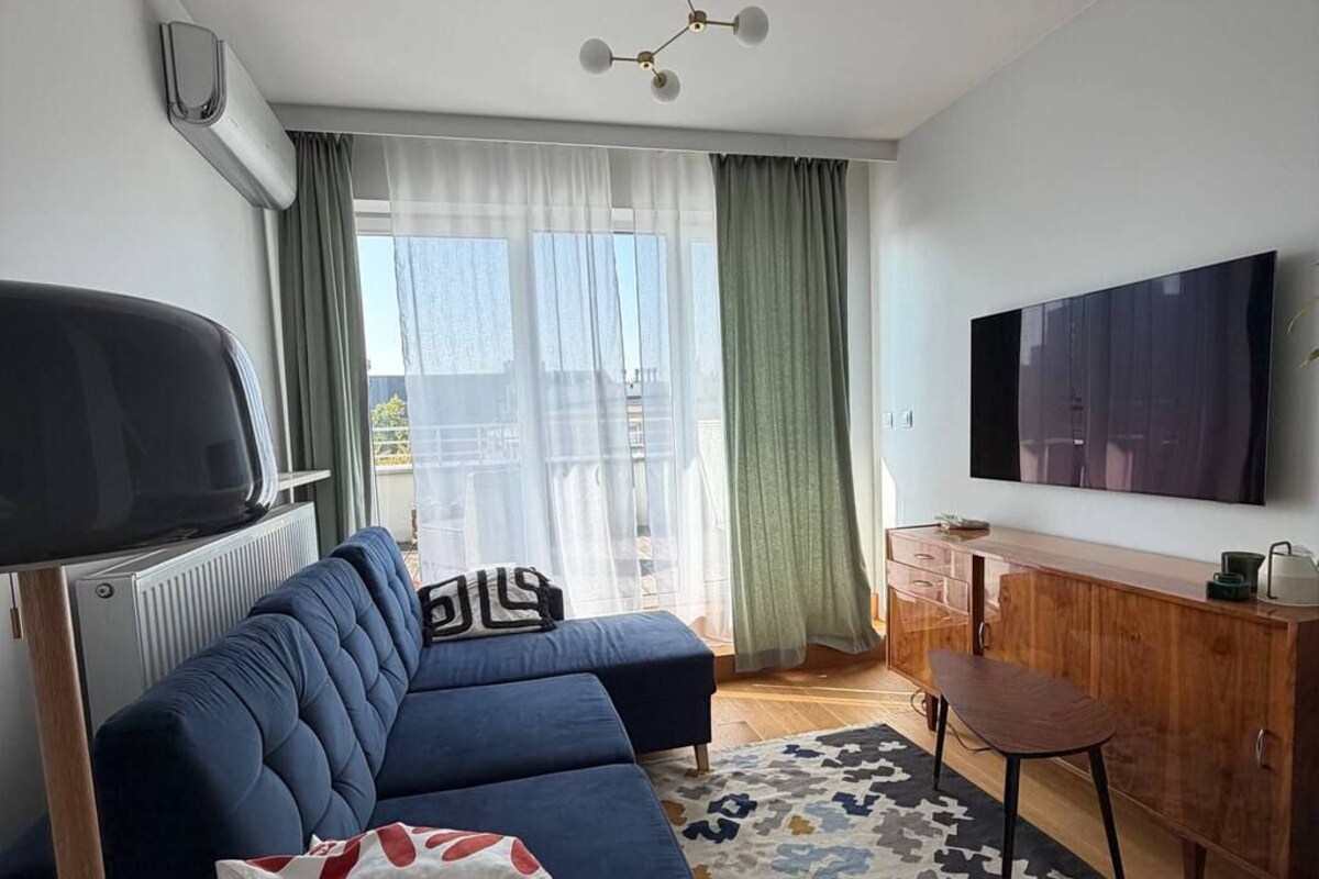 A modern living room with a blue sofa, a wooden cabinet, a television, and a patterned rug.