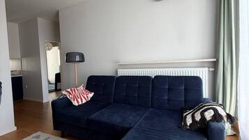 A modern living room with a sectional sofa, a patterned rug, a chandelier, and a radiator.