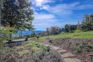 Un jardín ajardinado con un sendero, plantas en macetas y vistas del paisaje.