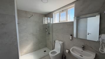 Une salle de bain avec une douche, des toilettes, un lavabo et une fenêtre.