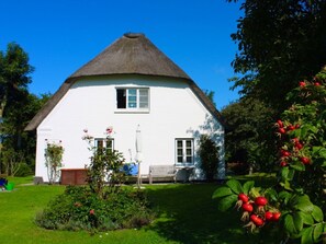 A white house with a thatched roof, surrounded by a well-maintained garden with various plants and flowers. - Holiday Apartment With 1 Bedroom (Witsum)