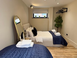 Habitación de hotel con dos camas, un espejo grande, una ventana con vistas y una planta.