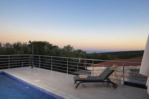 A rooftop pool with a lounge chair, a metal railing, and a view of the landscape. - Villa Barbara and Brigita (Peruški)
