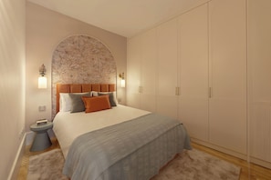 A bedroom with a large bed, a wardrobe, and a nightstand. - NEW: Bloom Porto | Luxury Clérigos Gem with Patio (Unknown)