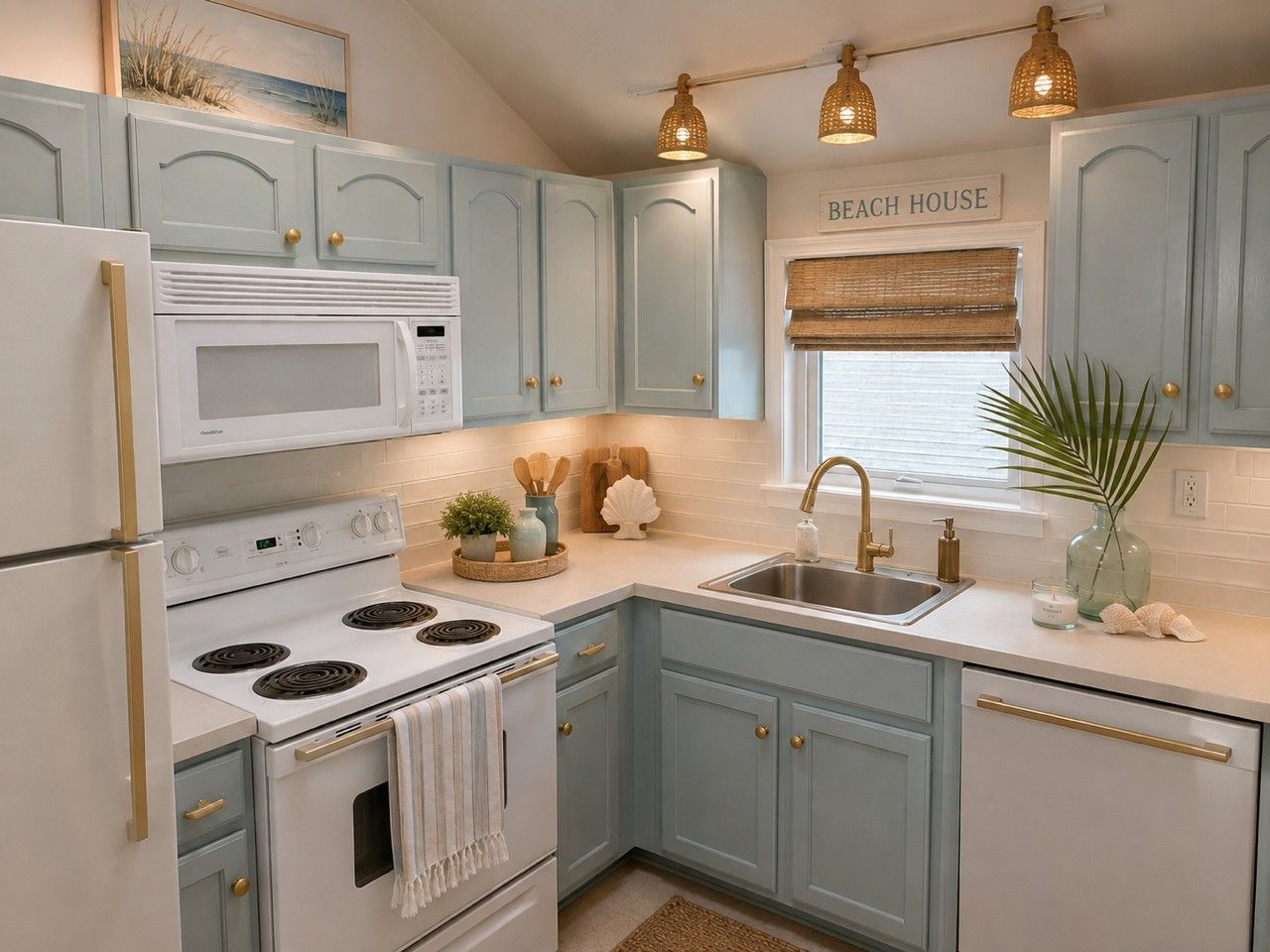 A kitchen with light blue cabinets, a white refrigerator, a stove, and a sink with a gold faucet.