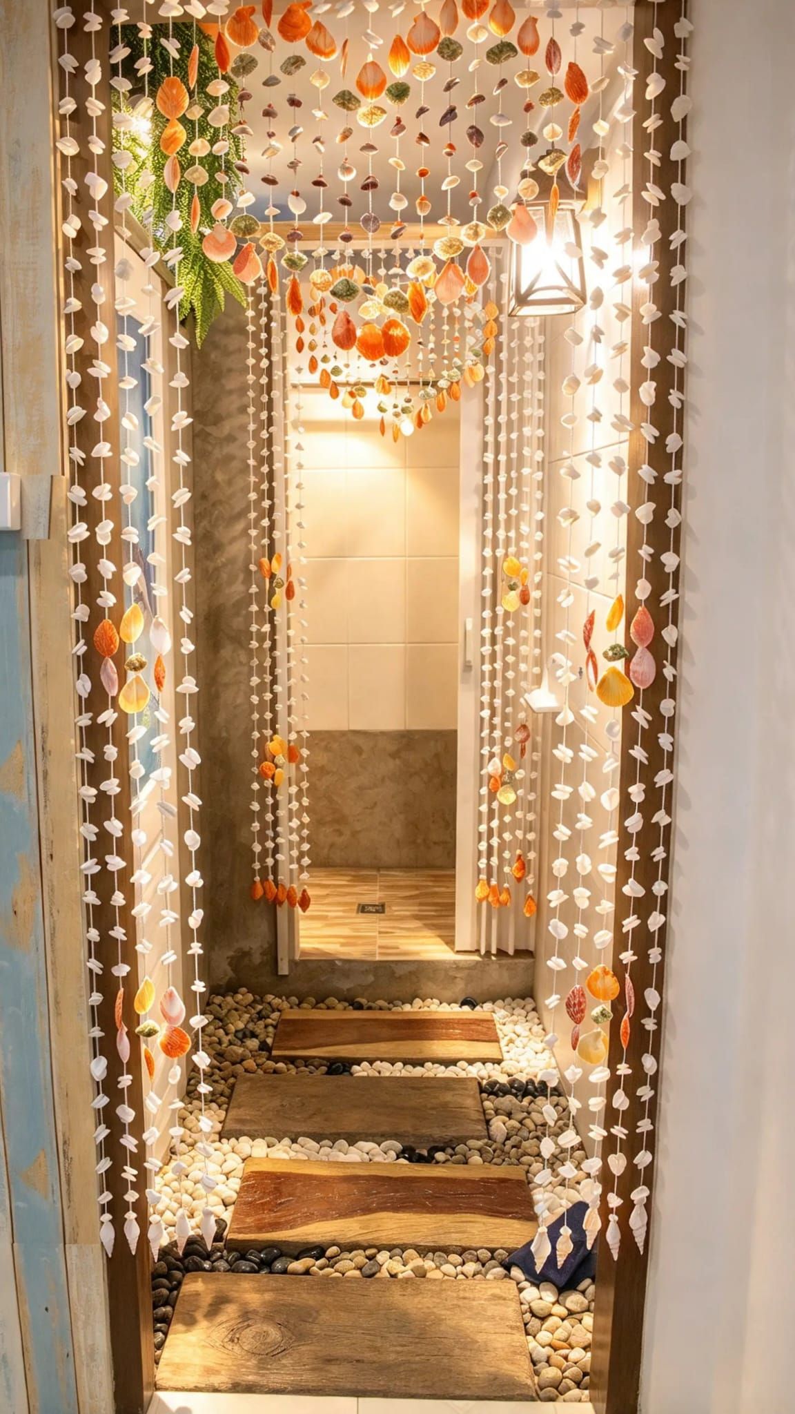 A hallway with a wooden floor, white walls, and a decorative string of shells and leaves.