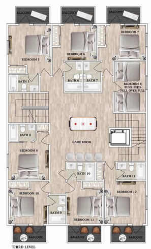 A hotel floor plan with multiple bedrooms, bathrooms, a game room, and balconies. - Ocean Views • Private Pool and Spa • 15 Sleeping Rooms • Sleeps 40 (North Myrtle Beach)