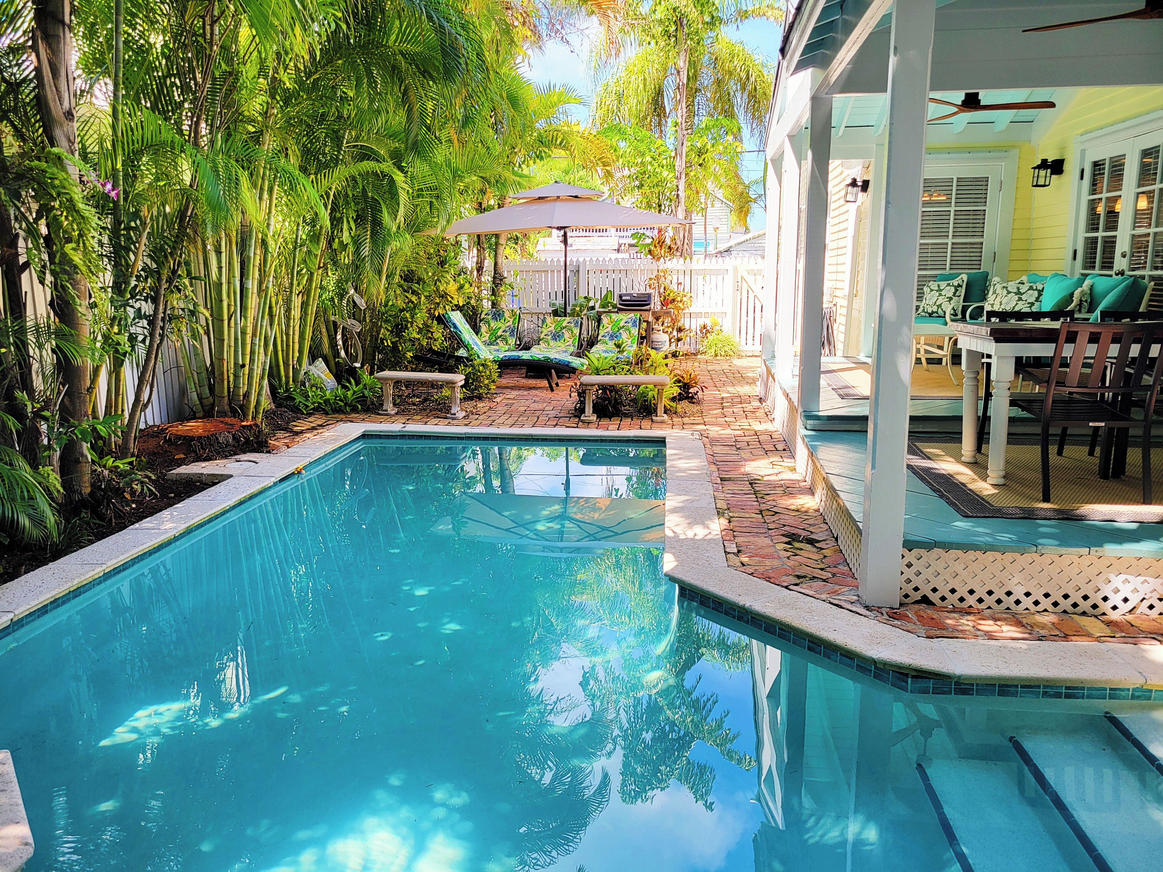 A swimming pool surrounded by lush greenery, with a patio area featuring outdoor furniture and a covered seating area.