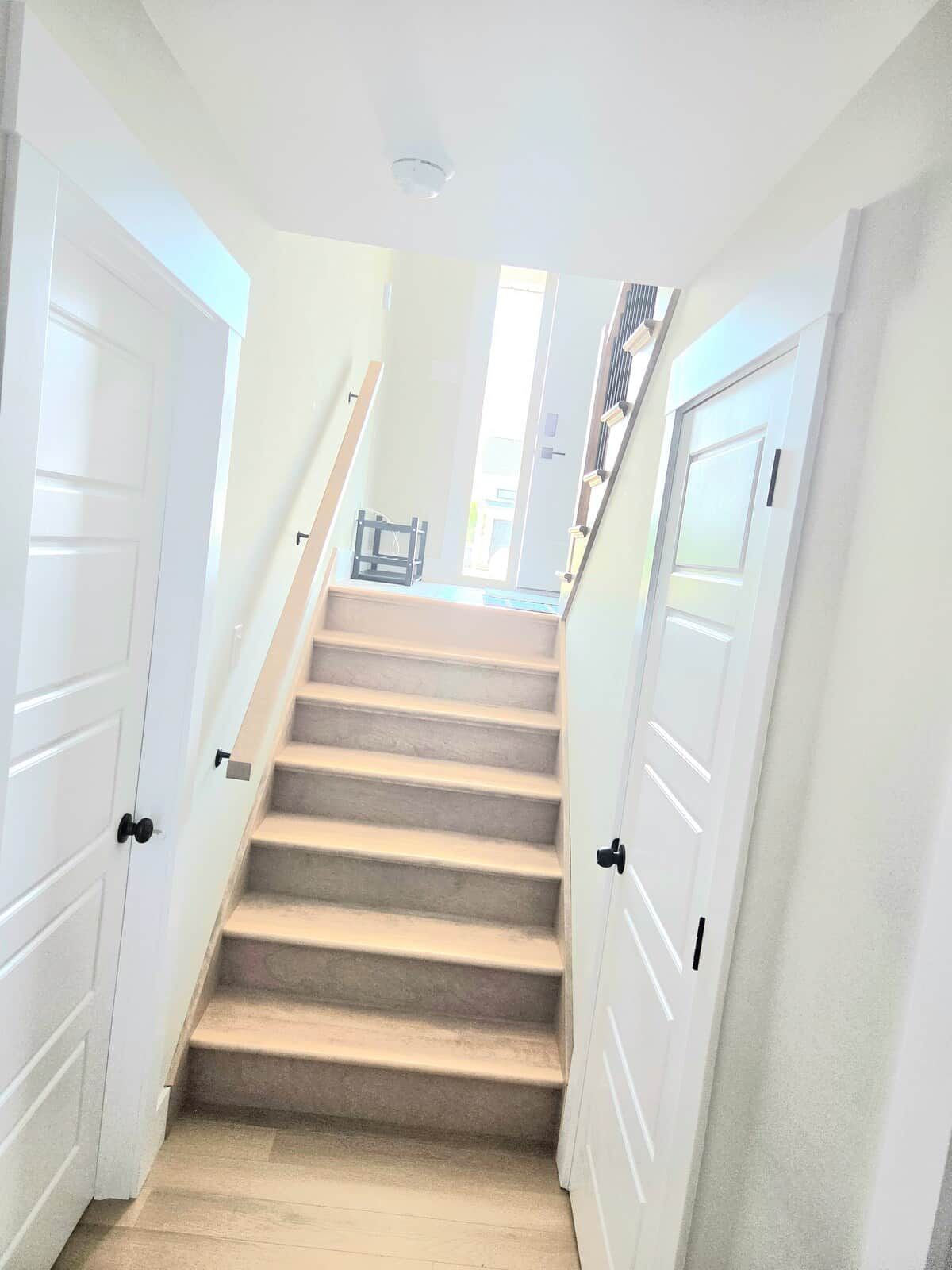 Un escalier menant à un palier où se trouve une porte en haut.