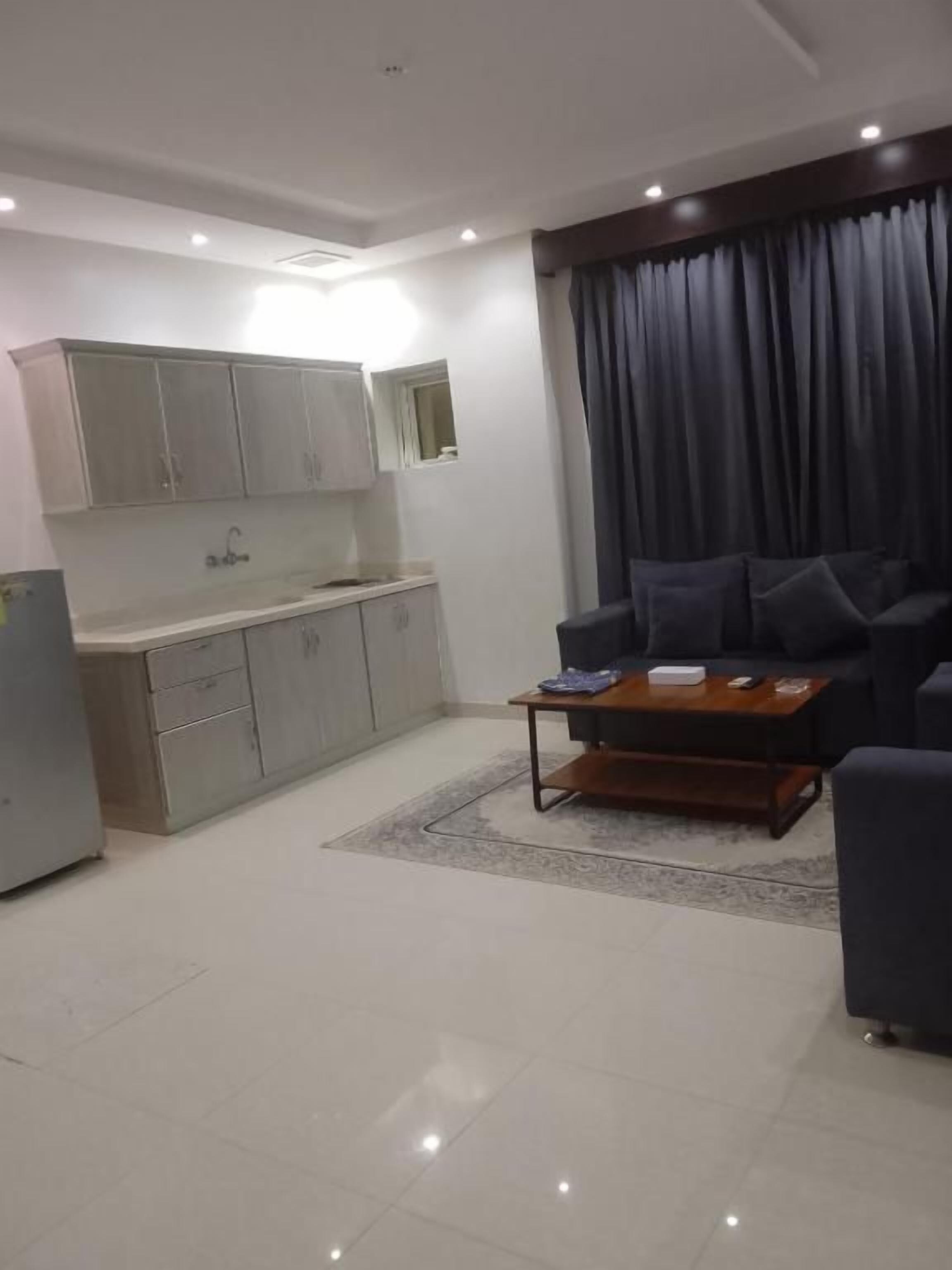 Una sala de estar moderna con un sofá, una mesa de centro y una zona de cocina con armarios y un lavabo.