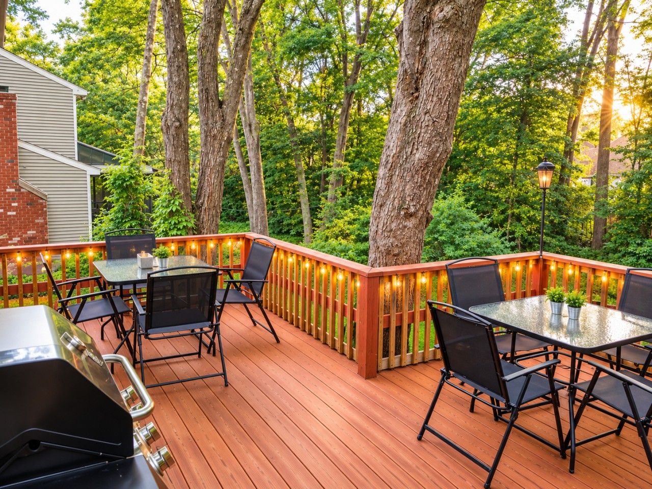 An outdoor deck with a barbecue grill, tables, and chairs.