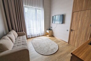Una sala de estar moderna con un sofá, un televisor de pantalla plana montado en la pared, un mueble de madera y un ventanal con cortinas de encaje.