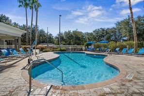 A swimming pool with lounge chairs and palm trees. - Suites at Lake Buena Vista close Disney Spring (Orlando)