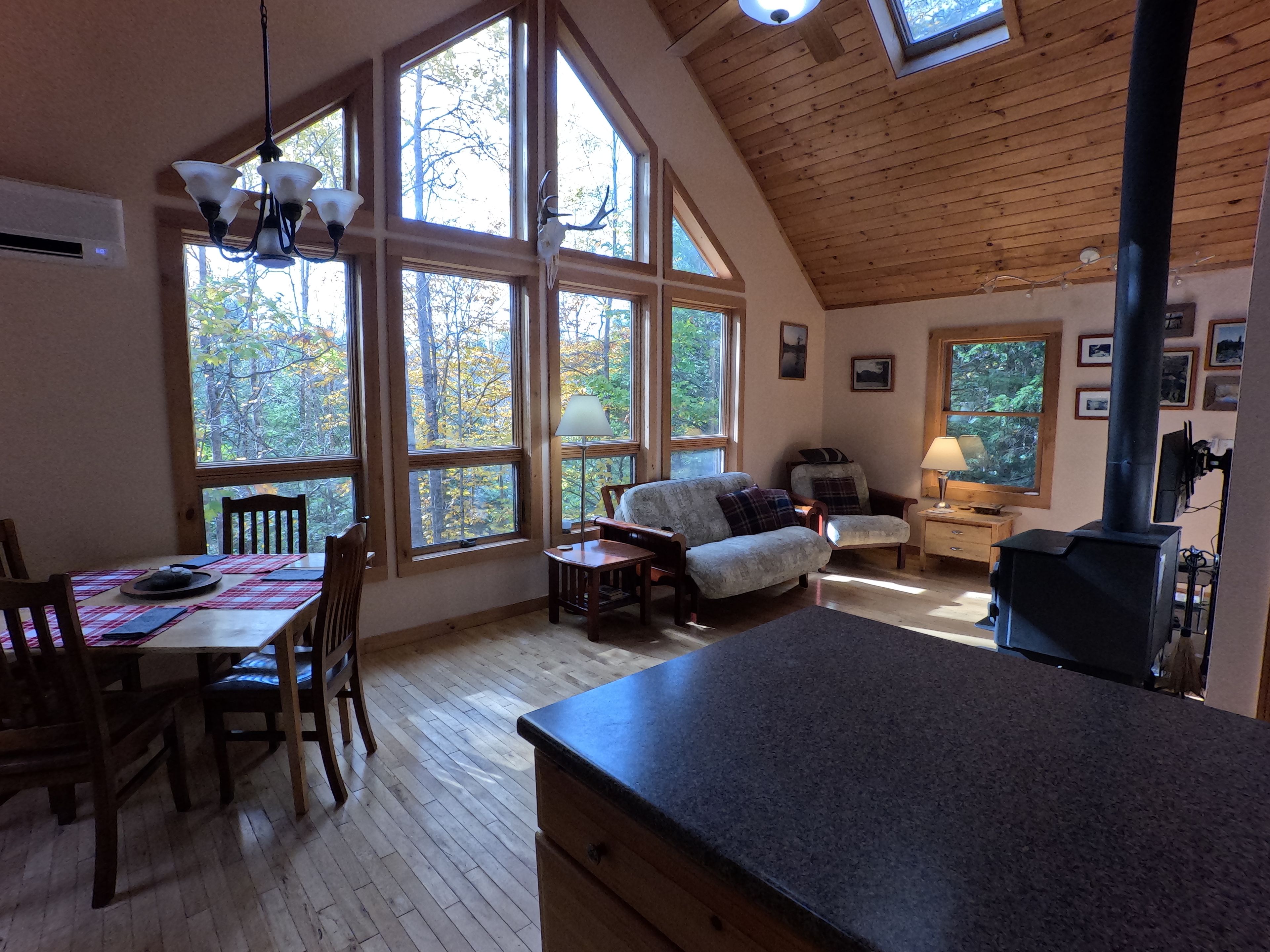 Interior acogedor de una cabaña con comedor, chimenea y grandes ventanas que dan al bosque.