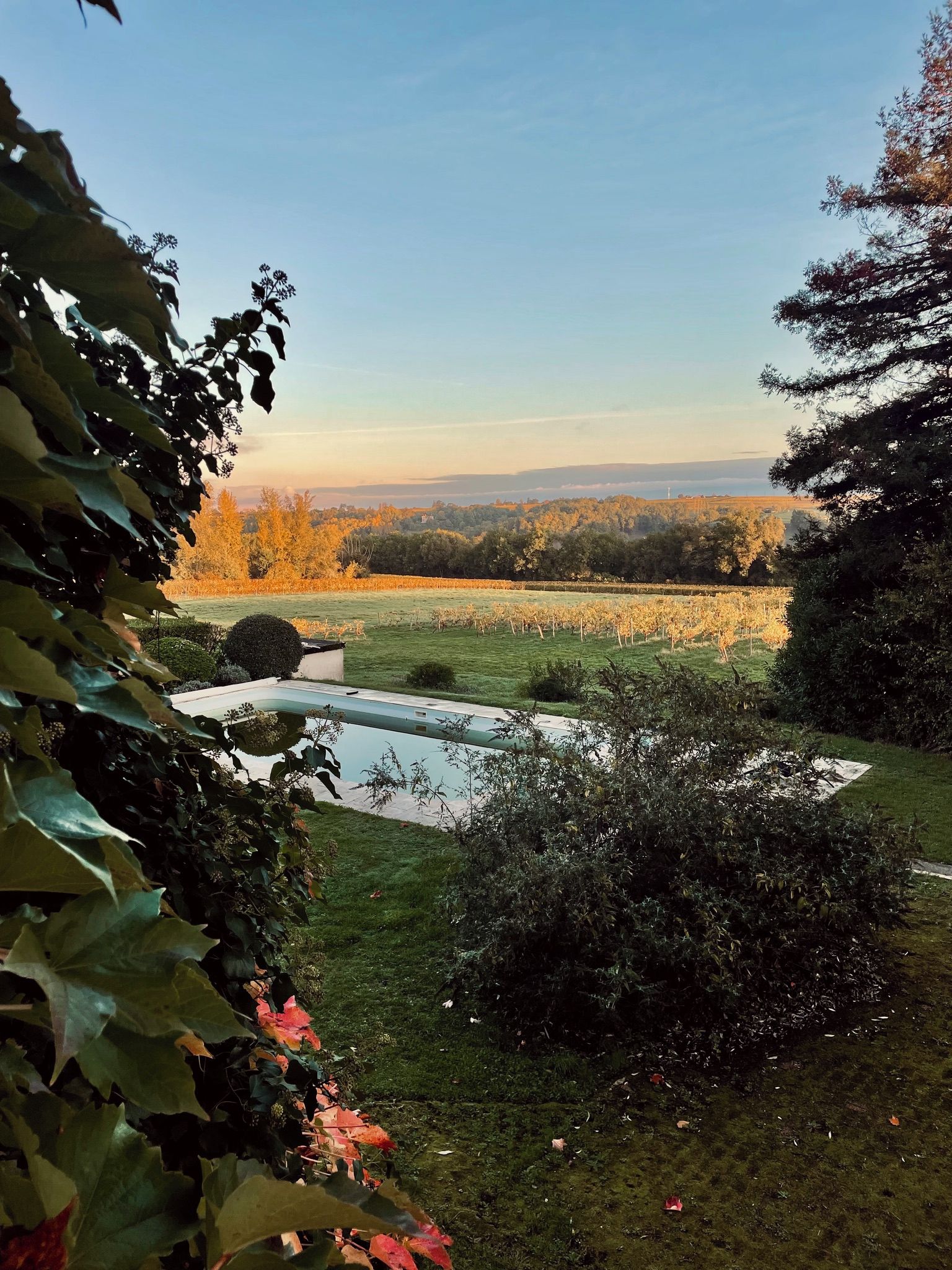 Un jardín con piscina, rodeado de árboles y vistas a campos lejanos.