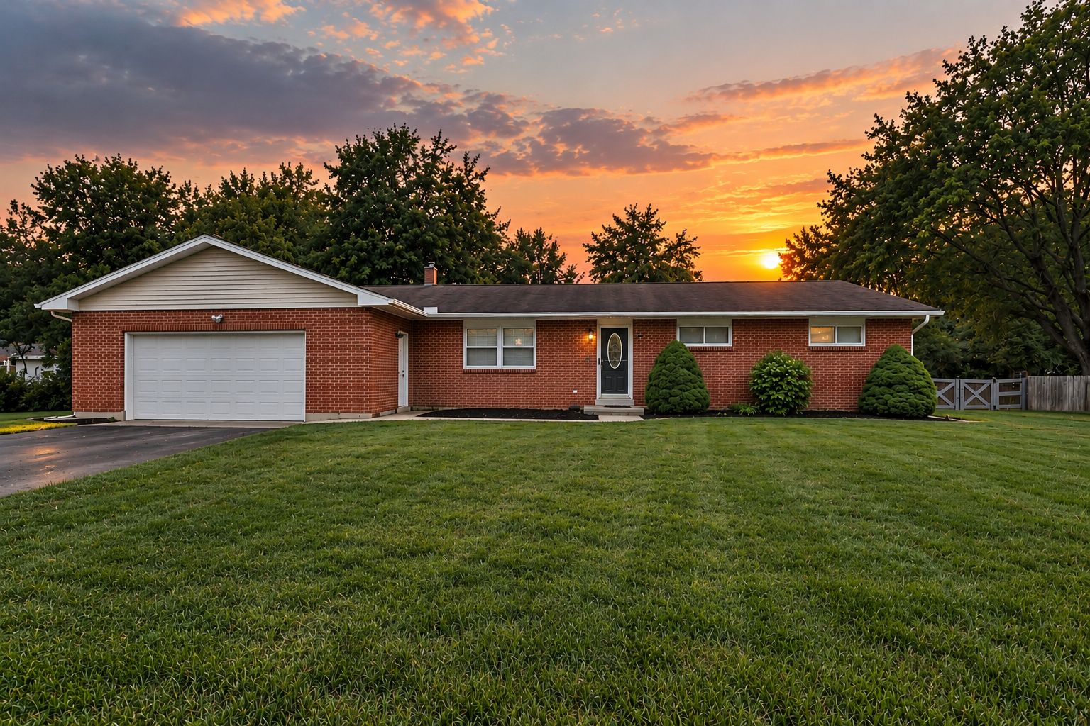 A two-story house with a garage, a front lawn, and a sunset in the background.