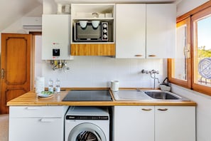 A compact kitchen with a built-in microwave, a washing machine, and a sink. - A unique and charming attic apartment, thoughtfully designed and fully equipped (Piazza)
